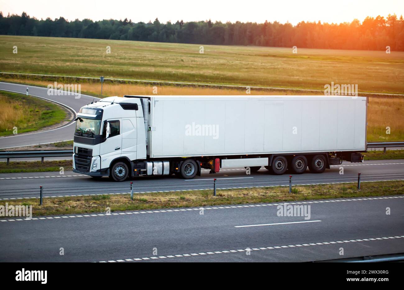 Un veicolo industriale moderno con un semirimorchio frigorifero con attrezzature di refrigerazione trasporta prodotti floreali mantenendo il regime di temperatura Foto Stock