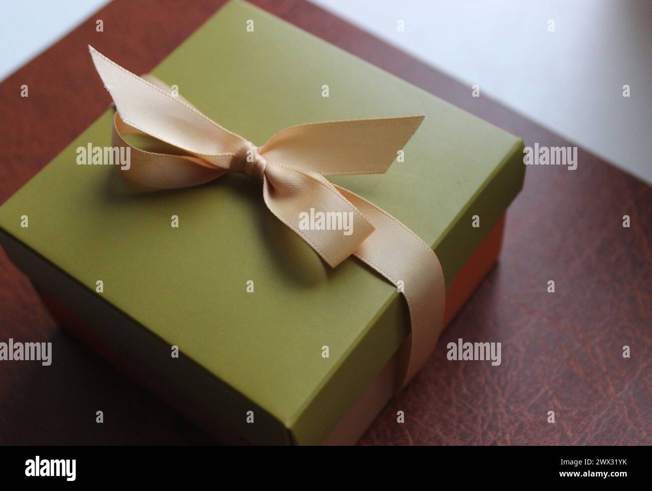 Confezione regalo business in tonalità oliva con elegante nastro beige su pelle marrone Foto Stock