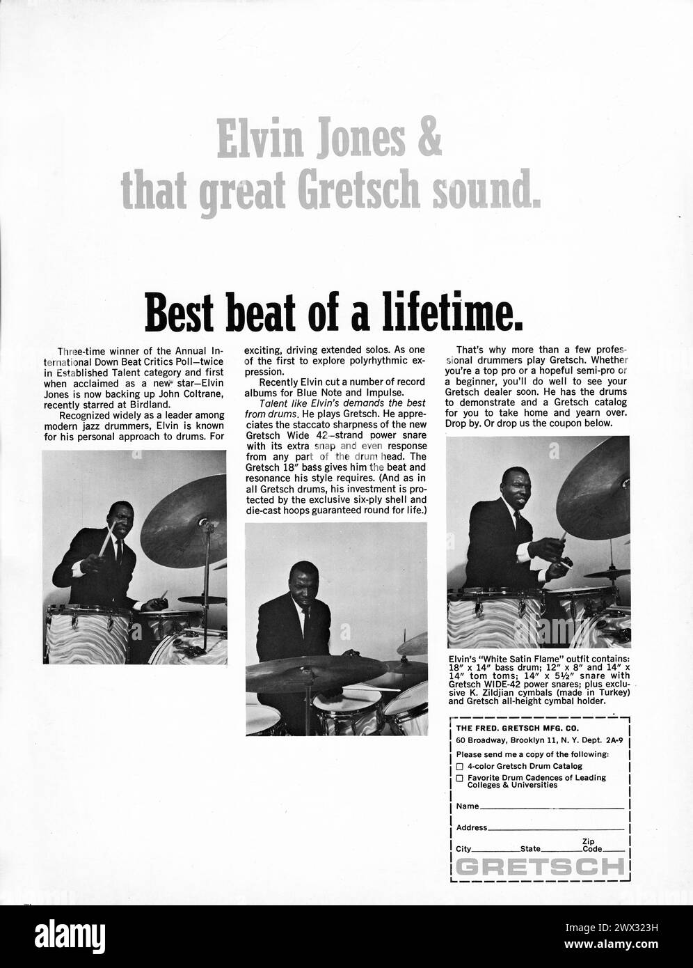 Un annuncio a pagina intera per Gretsch Drums da una rivista americana di musica degli anni '60 con il batterista jazz Elvin Jones. Foto Stock
