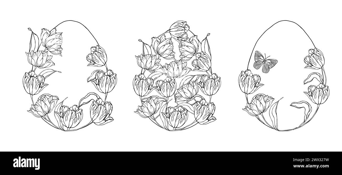 Set di uovo di Pasqua con sfondo floreale a tulipani, elementi floreali disegnati a mano per le vacanze primaverili. Composizioni di disegni a linee in bianco e nero per la pagina da colorare Illustrazione Vettoriale