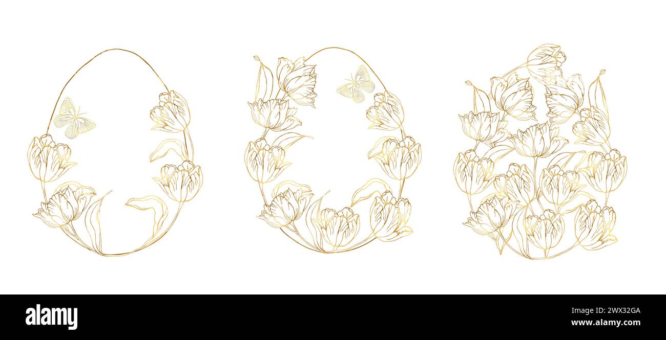 Set di uovo di Pasqua dorato con sfondo floreale tulipani, elementi floreali disegnati a mano per le vacanze primaverili. Composizioni artistiche a linee bianche e nere per la colorazione Illustrazione Vettoriale