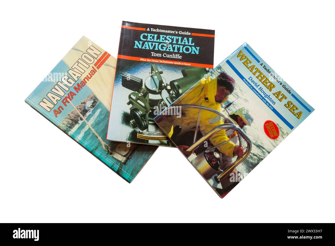 Libri per marinai - una guida di Yachtmaster navigazione celeste, Meteo al mare, navigazione isolata su sfondo bianco Foto Stock