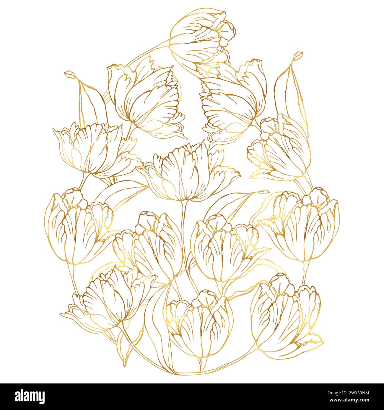 Tulipani d'uovo di Pasqua dorati sfondo floreale, elementi floreali disegnati a mano per le vacanze primaverili. Composizioni di disegni a linee in bianco e nero per la pagina da colorare Illustrazione Vettoriale