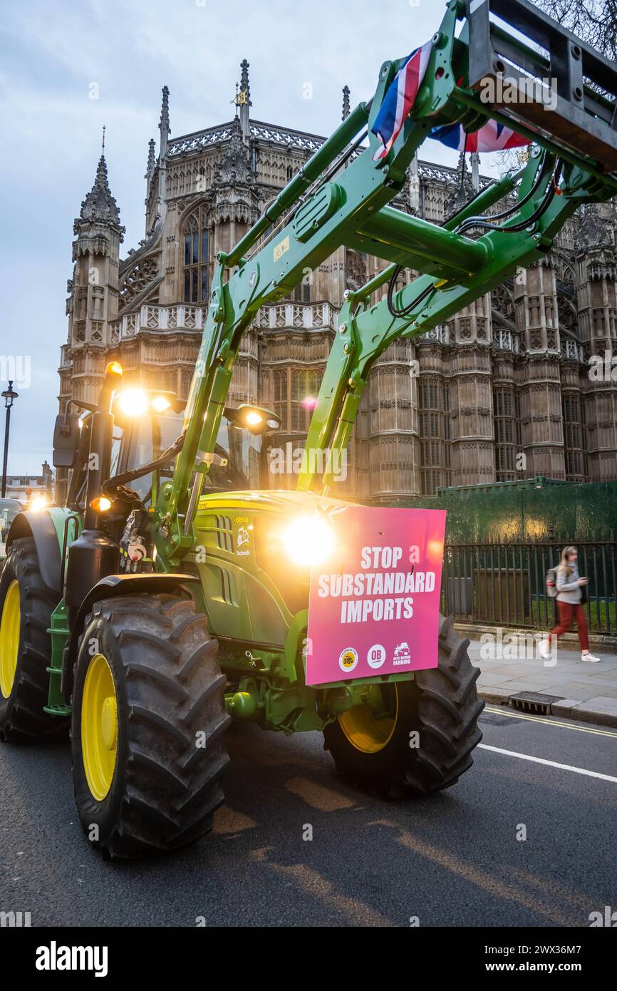 WESTMINSTER, LONDRA - 25 marzo 2024: Gli agricoltori britannici partecipano a una manifestazione fuori dal Parlamento a Londra Foto Stock