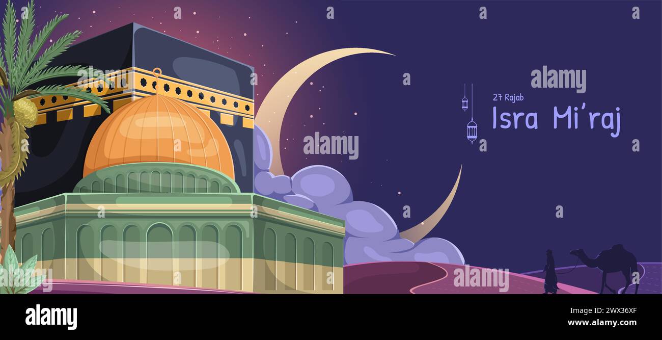 Al-Isra wal mi'raj Translate: The night journey Prophet Muhammad Vector Illustration for poster Template and Flyer, Simple background of Isra mi'raj C. Illustrazione Vettoriale