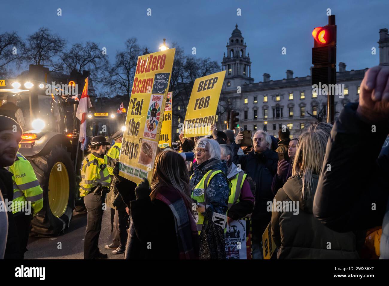 WESTMINSTER, LONDRA - 25 marzo 2024: Gli agricoltori britannici partecipano a una manifestazione fuori dal Parlamento a Londra Foto Stock