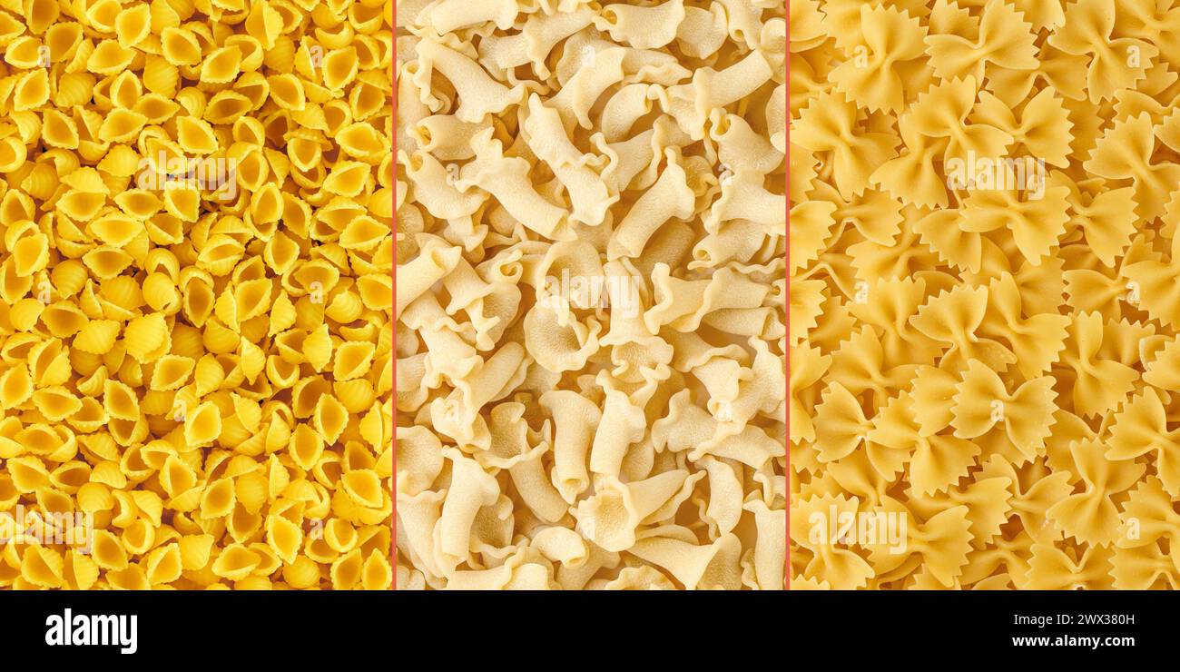 Collage di diversi tipi di pasta. Pasta italiana varia. Concetto di esperienza culinaria e gastronomica Foto Stock