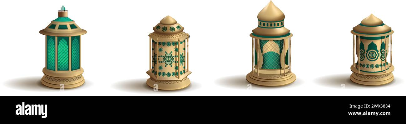 Illustrazione vettoriale del set di Lanterne d'epoca in oro arabo realistico in 3D. Illustrazione Vettoriale