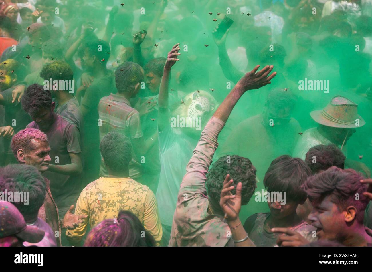 I rivelatori che ballano al ritmo della musica mentre celebrano Holi su una strada, il festival primaverile indù dei colori il 25 marzo 2024 a Guwahati, Assam Foto Stock