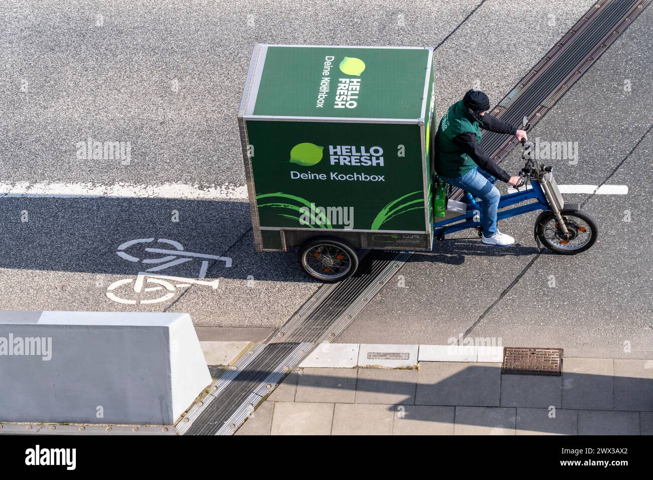 Ciao, servizio di consegna in bici cargo, nella HafenCity di Amburgo Foto Stock