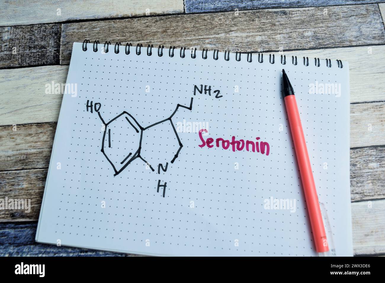 Concetto di formula molecolare chimica ormone serotonina scrivere su libro isolato su tavolo di legno. Foto Stock