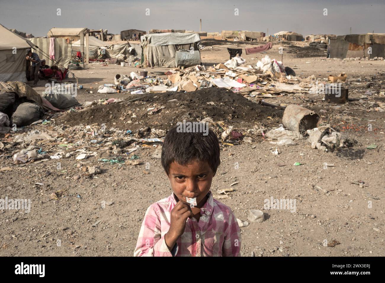 Raqqa, Siria. 8 ottobre 2023. Chris Huby/le Pictorium - Siria - la difficile ricostruzione di Raqqa - 08/10/2023 - Siria/siria settentrionale/Raqqa - Sahel Banat campo informale - Un luogo squallido, ospita 1.800 famiglie, tutte sfollate dalla città devastata dalla guerra di Deir ez-Zor. I bambini, al fine di vivere e tenersi occupati, vagano tra le bidoni della spazzatura per trovare abbastanza da mangiare e rivendere tutti i loro effetti personali in città. Dimenticata tra i dimenticati, l'estrema povertà che li affligge alimenta il letto del jihadismo. Crediti: LE PICTORIUM/Alamy Live News Foto Stock