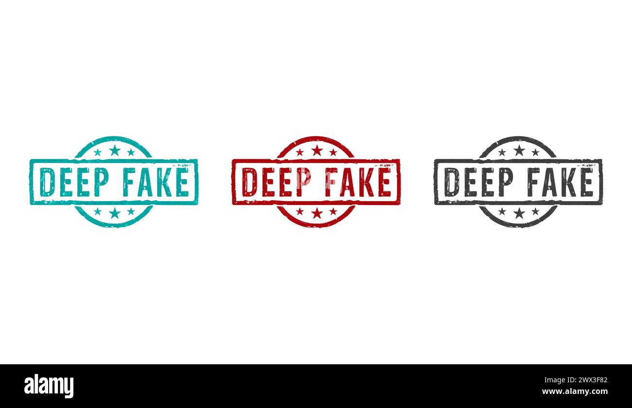 Icone di falsi timbri in poche versioni a colori. Illustrazione del rendering 3D con il concetto di manipolazione dei simboli di Fake News. Foto Stock
