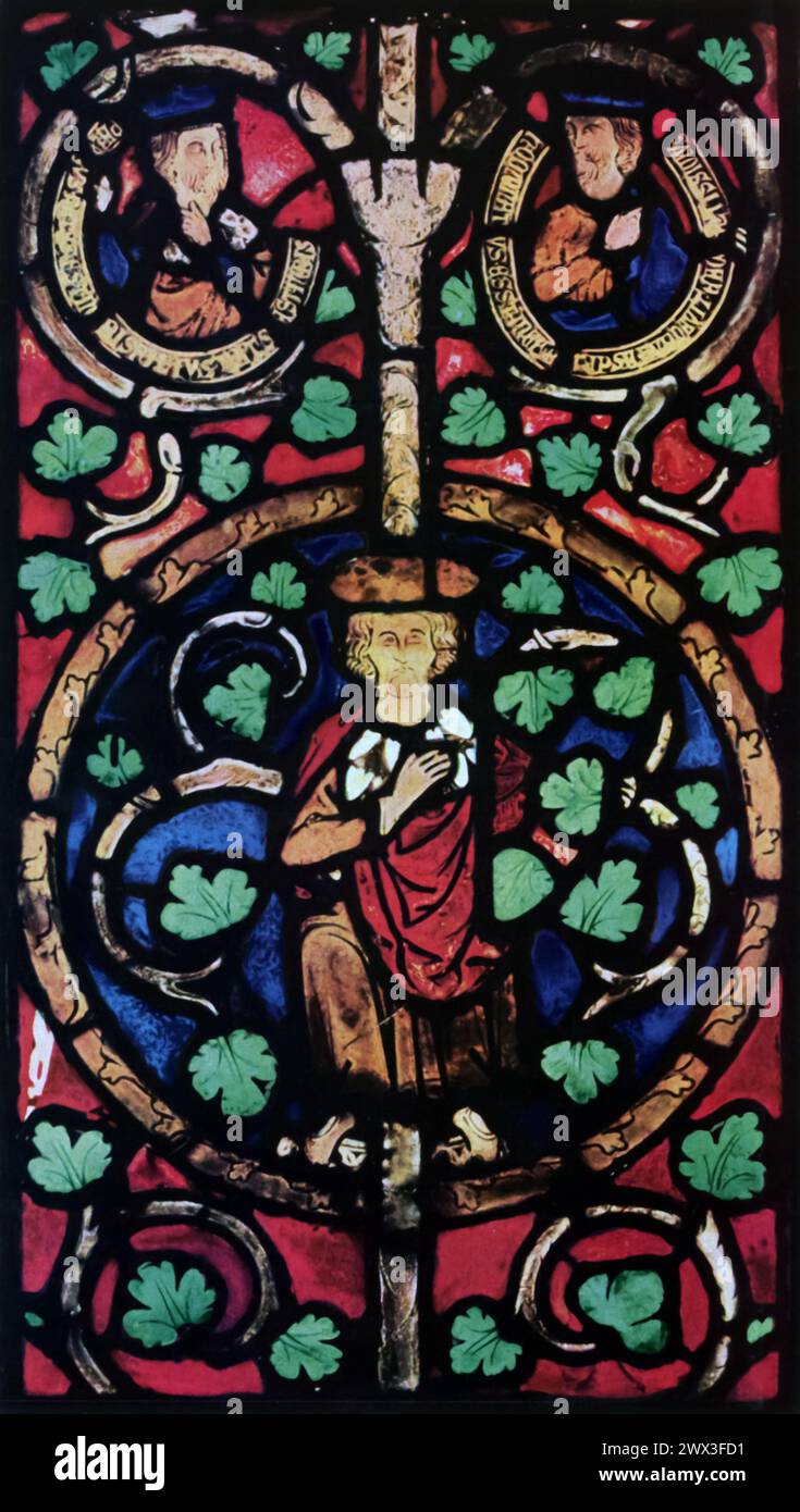 Una vetrata a vetrate raffigurante un re dell'Antico Testamento, originario della Germania renana e risalente al 1300 circa. Le vetrate colorate di quest'epoca sono celebrate per i loro colori vivaci e i loro intricati disegni, che servono sia come arte decorativa che come mezzo di narrazione, spesso trasmettendo narrazioni e figure bibliche alle congregazioni delle chiese medievali. Foto Stock