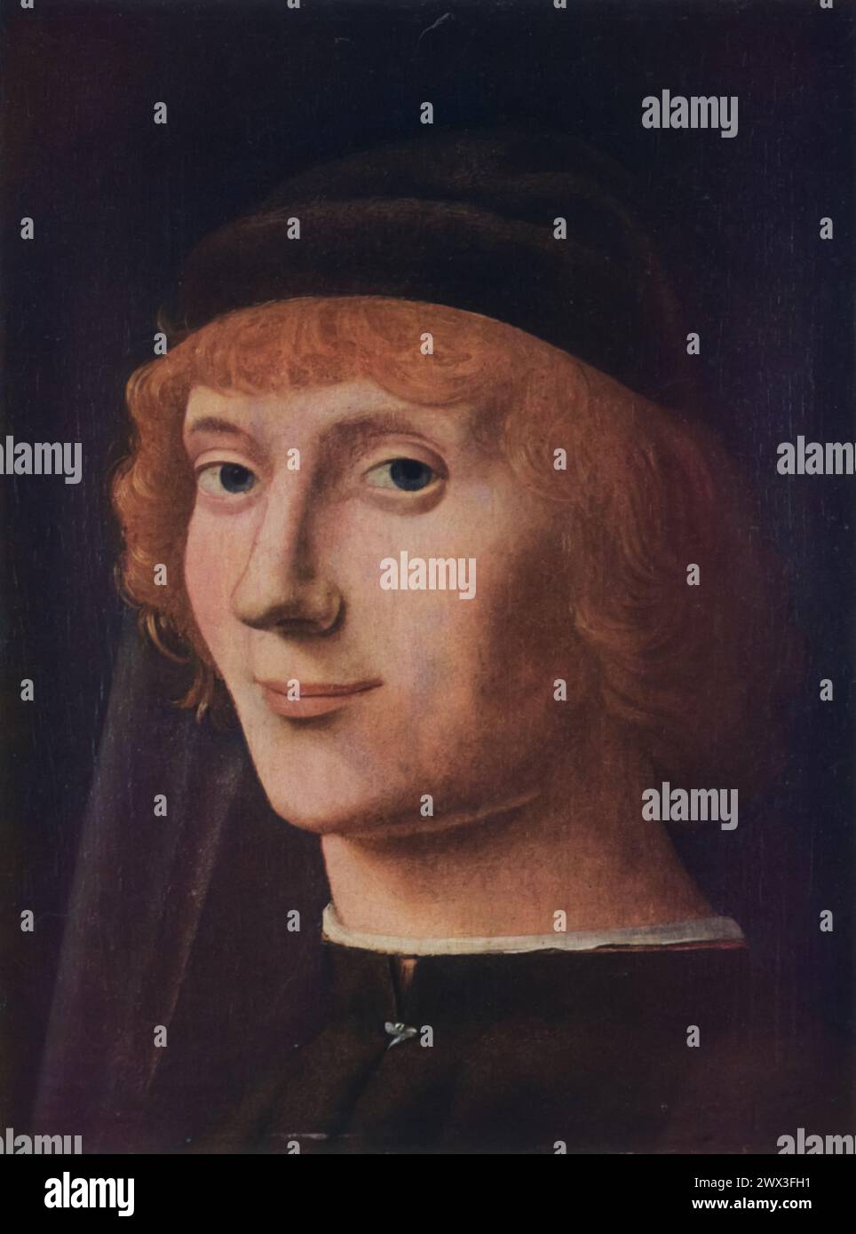 "Ritratto di un giovane" di Antonello da Messina (circa 1470): Trovato nella National Gallery of Art di Washington D.C., questo lavoro è un esempio fondamentale del contributo di Antonello da Messina alla ritrattistica rinascimentale. Il dipinto è celebrato per il suo realismo dettagliato e la profondità psicologica, mettendo in mostra l'abilità di Antonello nel catturare l'individualità e la vita interiore dei suoi soggetti. Foto Stock