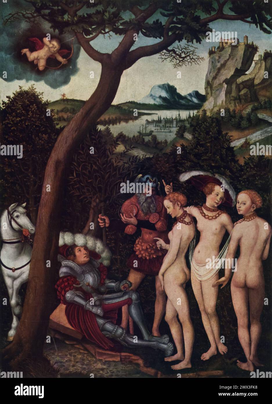 "Il giudizio di Parigi" di Lucas Cranach il Vecchio (1528 circa): Esposto al Metropolitan Museum of Art di New York, questo dipinto offre una rappresentazione accattivante della storia mitologica in cui Parigi, mortale, viene scelta per decidere chi tra le dee era, Atena e Afrodite è la più bella. Il contributo di Cranach all'arte rinascimentale è evidente nella sua capacità di fondere la mitologia classica con le innovazioni artistiche del suo tempo. Foto Stock