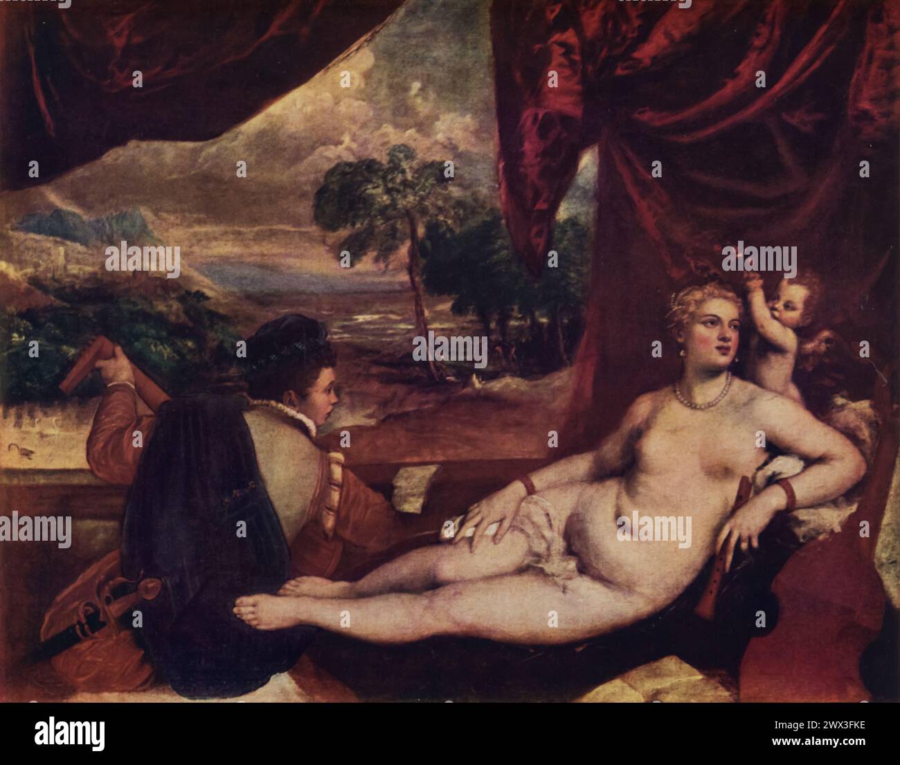 "Venere e il liuto" di Tiziano (circa 1565-1570): Questo capolavoro fa parte della collezione del Metropolitan Museum of Art di New York. Raffigura Venere, la dea dell'amore, sdraiata elegantemente mentre un liuto la serenata, ambientata su uno sfondo che suggerisce sia l'intimità che l'idilliaco. Tiziano, una figura di spicco della scuola veneziana, è rinomato per il suo uso vibrante del colore e la sua composizione innovativa. Foto Stock