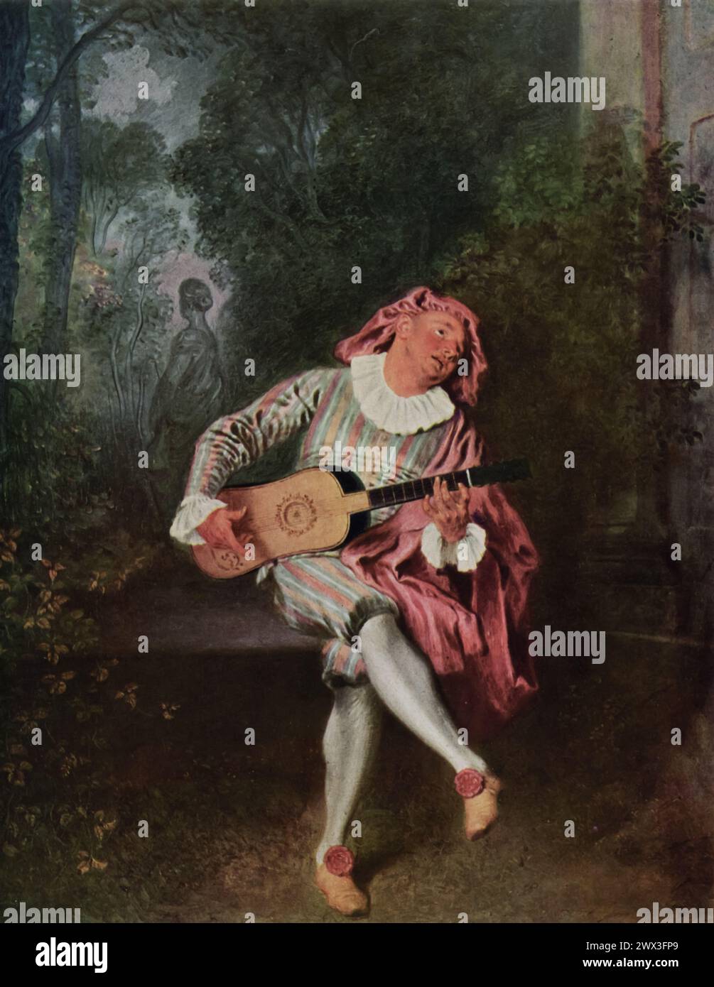 "Mezzetin" di Antoine Watteau (1718-1720): Esposta al Metropolitan Museum of Art di New York, questa opera d'arte cattura il personaggio della commedia dell'arte Mezzetin in un momento di serenata. Il delicato trattamento del colore e della luce di Watteau, insieme alla commovente espressione di amore non corrisposto, esemplifica l'enfasi dello stile Rococò sulla grazia, l'emozione e la fugace bellezza della vita. Foto Stock