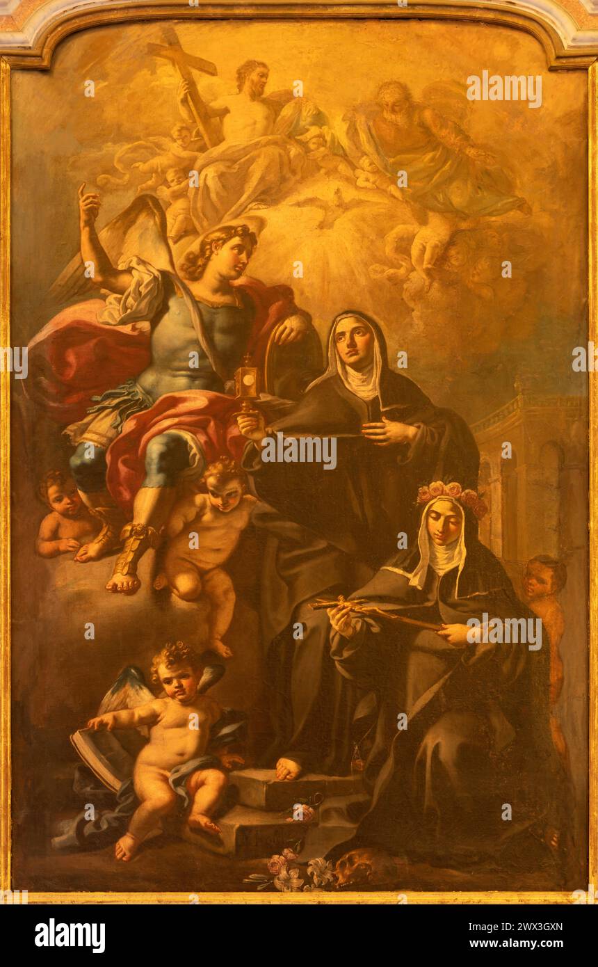 Napoli - il dipinto di S.. Michael Arcangelo, e St. Caterina da Siena nella Basilica dell'Incoronata madre del buon Consiglio Foto Stock