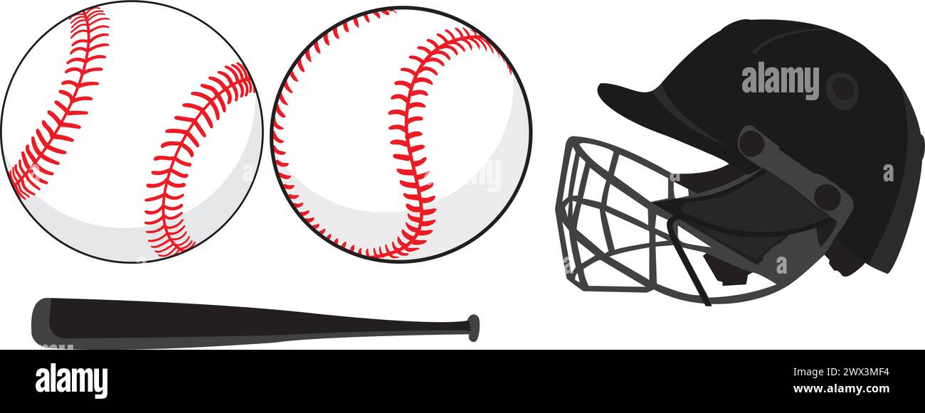 Illustrazione vettoriale del kit da baseball, baseball, mazza, illustrazione vettoriale del casco, set di sfere Illustrazione Vettoriale