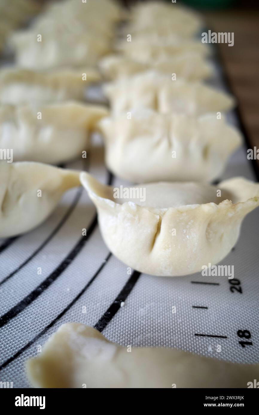 Gnocchi cinesi crudi su un tavolo Foto Stock
