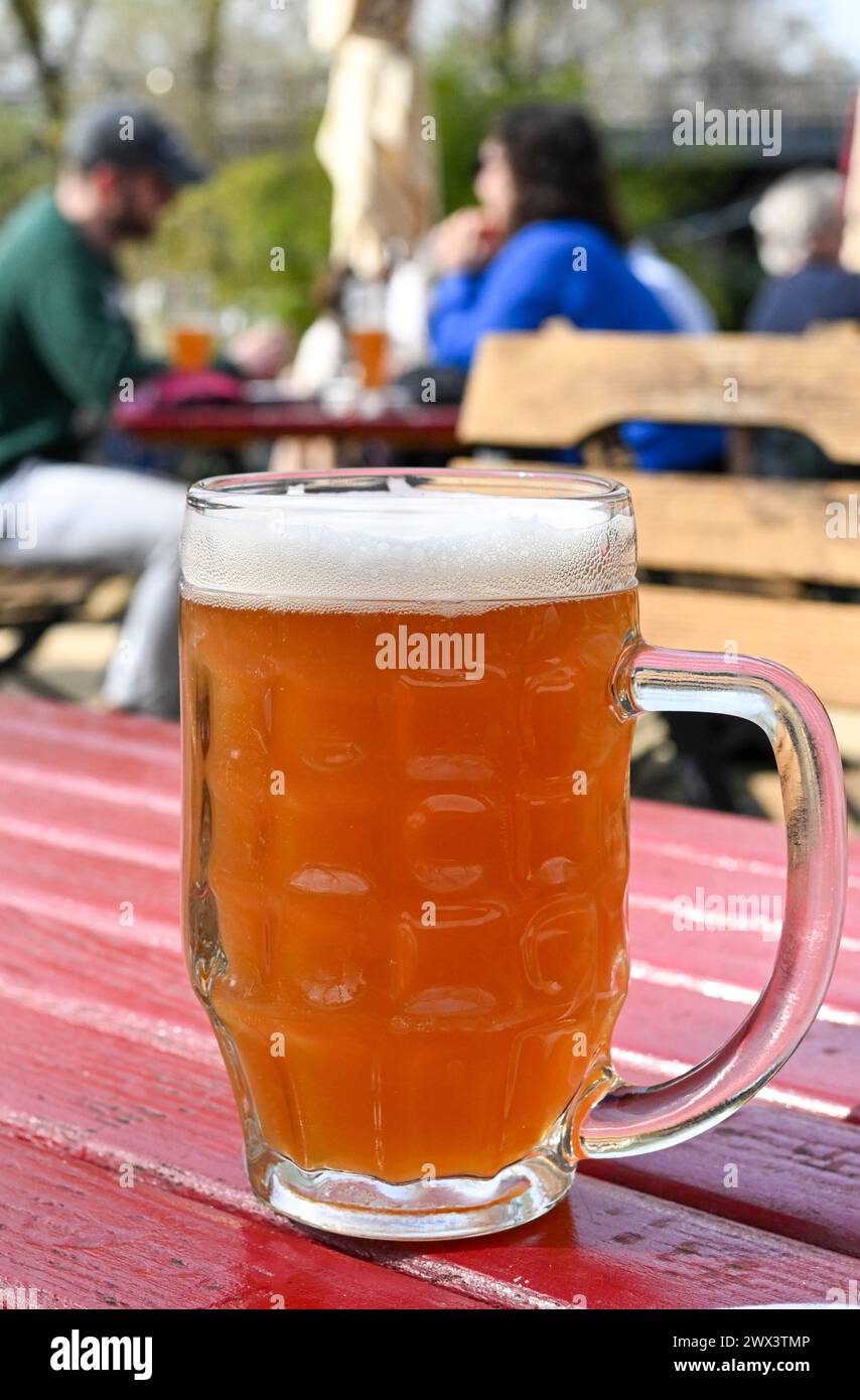 Berlino, Germania. 27 marzo 2024. Una birra è su un tavolo all'aperto nel giardino della birra Schleusenkrug. Crediti: Jens Kalaene/dpa/Alamy Live News Foto Stock