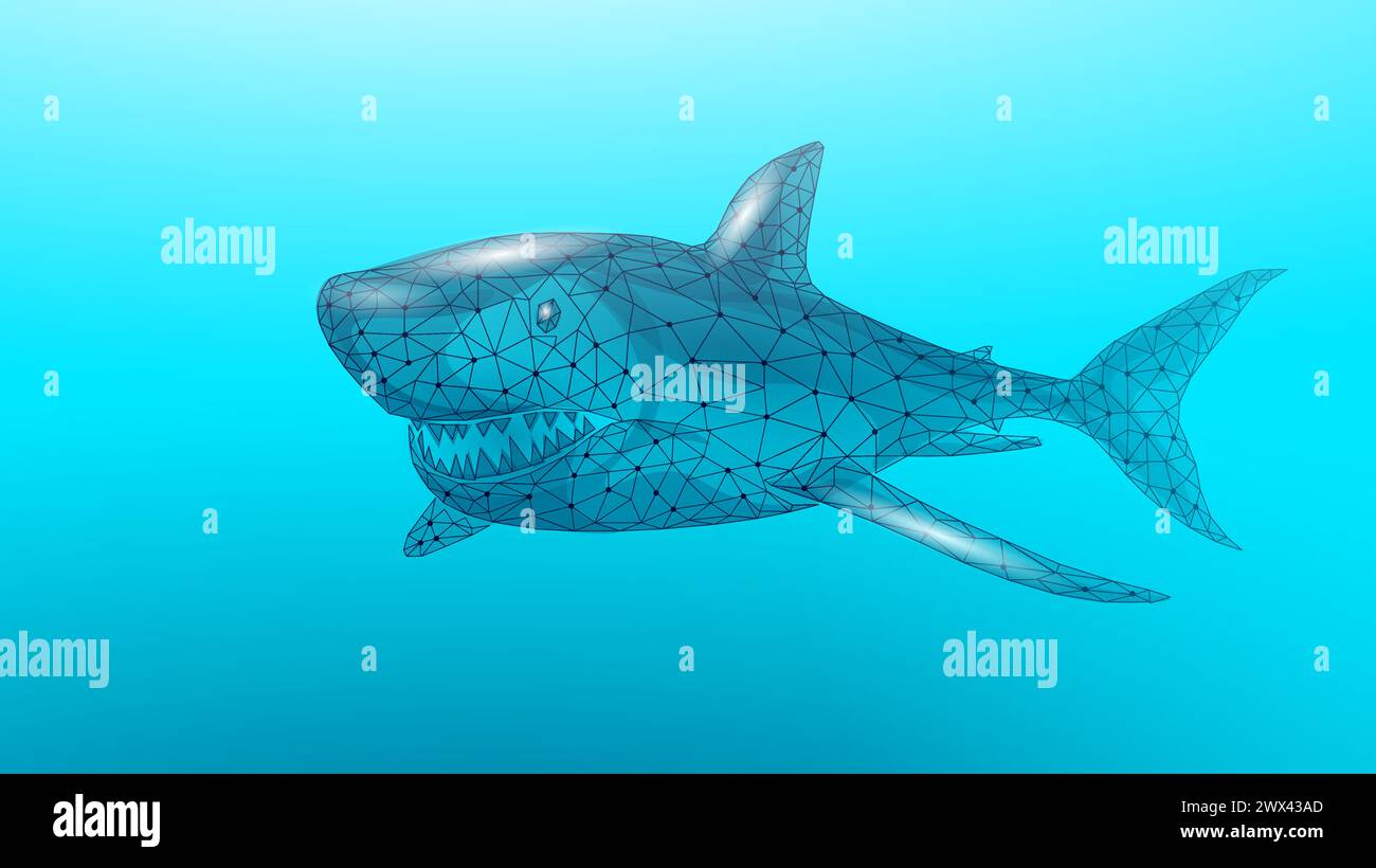 Vista dal basso dello squalo dell'oceano. Apri la bocca pericolosa con molti denti. Illustrazione vettoriale dello squalo d'acqua cristallina delle onde marine blu sottomarine. Illustrazione Vettoriale