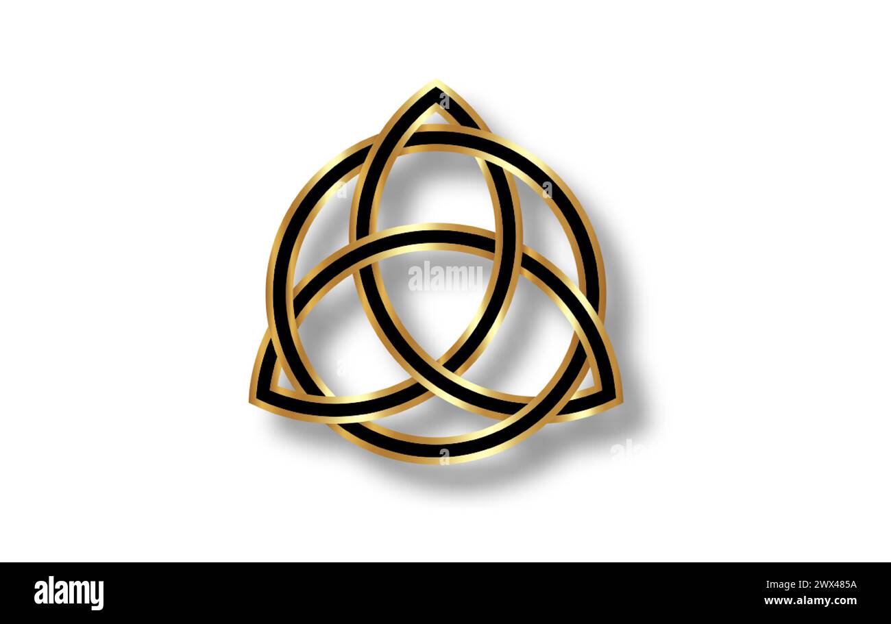Logo geometrico Triquetra, nodo Gold Trinity, simbolo Wiccan per protezione. Nodo celtico vettoriale dorato e nero isolato su sfondo bianco. Wicca Illustrazione Vettoriale