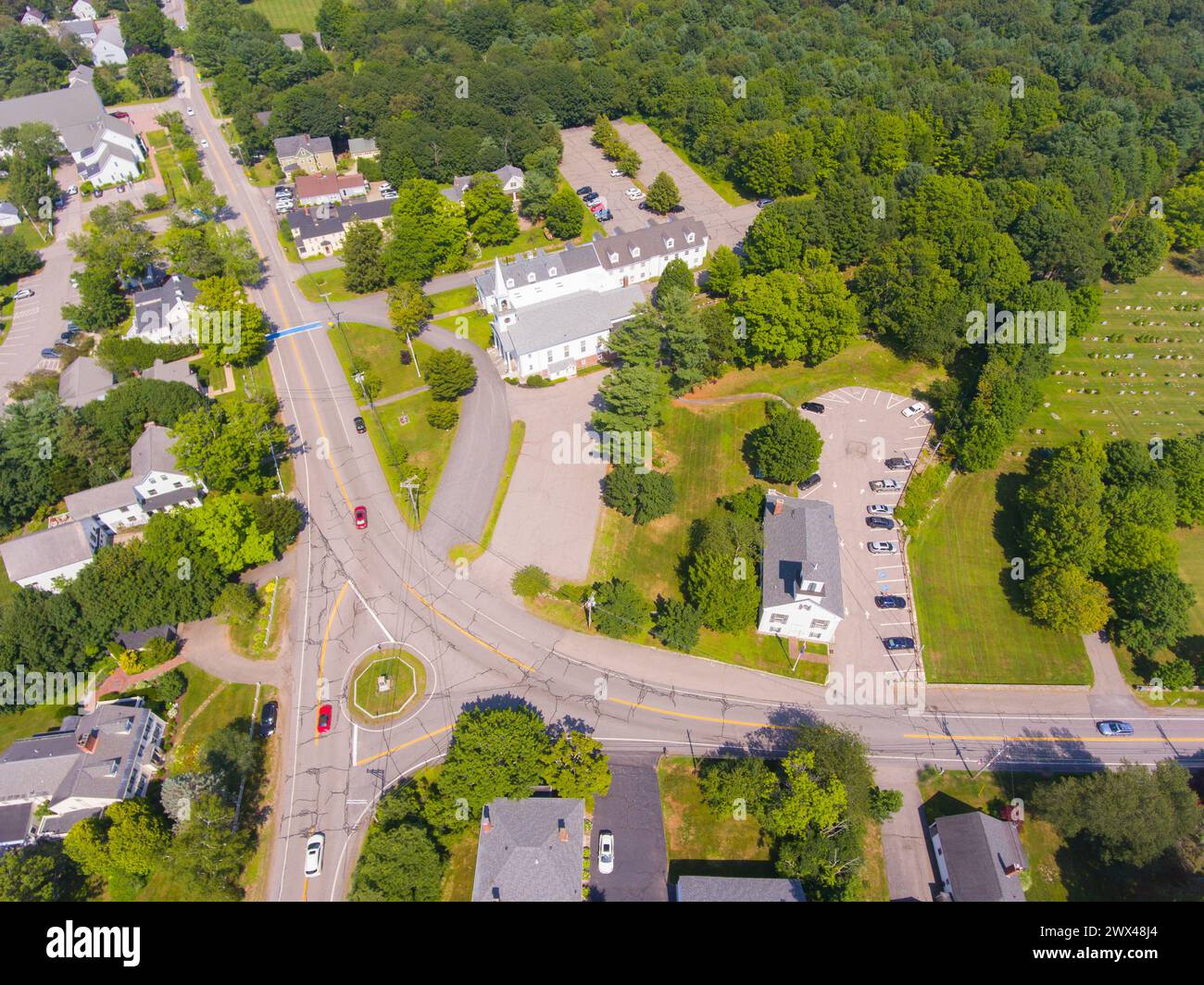 Vista aerea del centro storico di Rye, tra cui il Municipio, la Chiesa Congregazionale a Central Road e Washington Road nella città di Rye, New Hampshire NH, Foto Stock