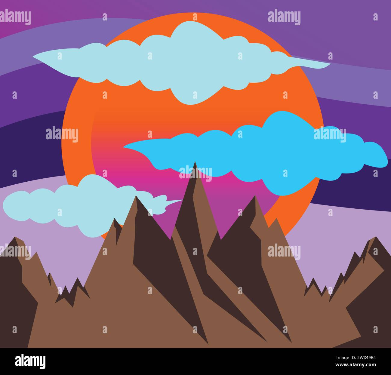 Paesaggio montano con sole e nuvole. Illustrazione vettoriale in stile piatto Illustrazione Vettoriale