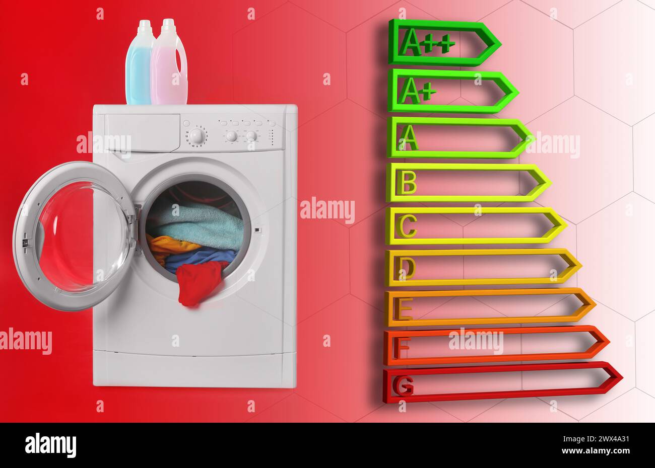 Etichetta di efficienza energetica e lavatrice con bucato su sfondo rosso Foto Stock