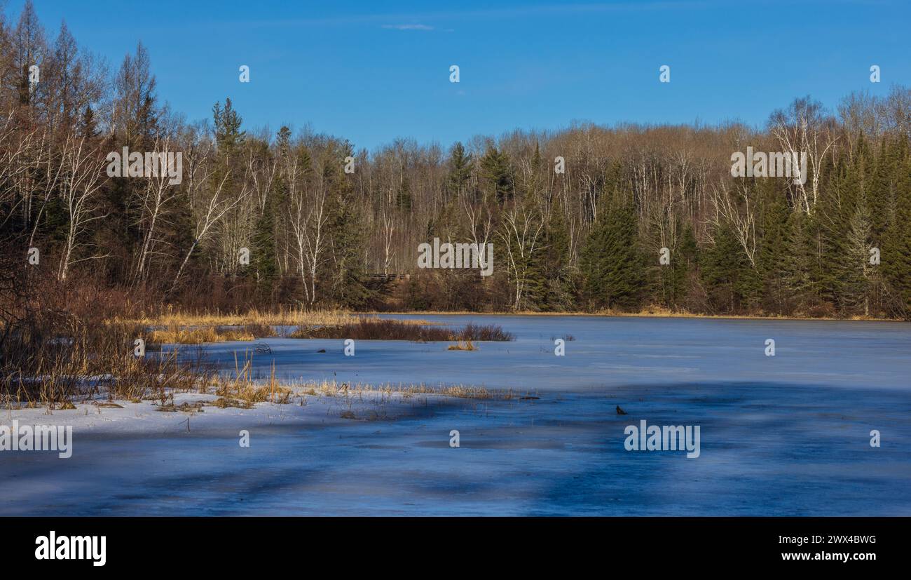 Day Lake in una mattina di marzo nel Wisconsin settentrionale. Foto Stock