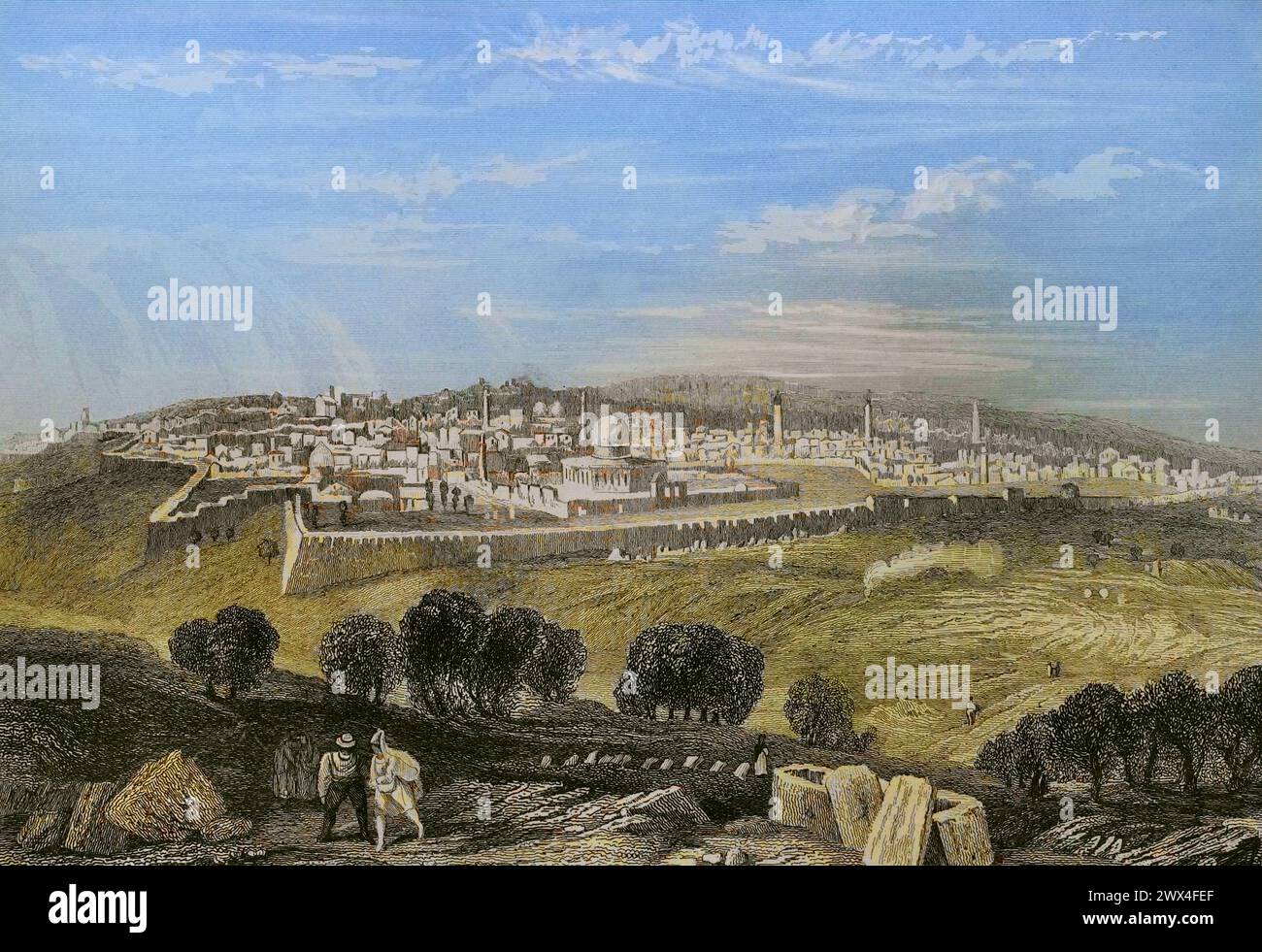 Gerusalemme. Vista generale dal Monte degli Ulivi. Incisione di Emile Rouargue. "La Tierra Santa y los lugares recorridos por los profetas, por los apóstoles y por los cruzados" (la Terra Santa e i siti attraversati dai profeti, dagli apostoli e dai crociati). Pubblicato a Barcellona dalla tipografia di Joaquin Verdaguer, 1840. Foto Stock