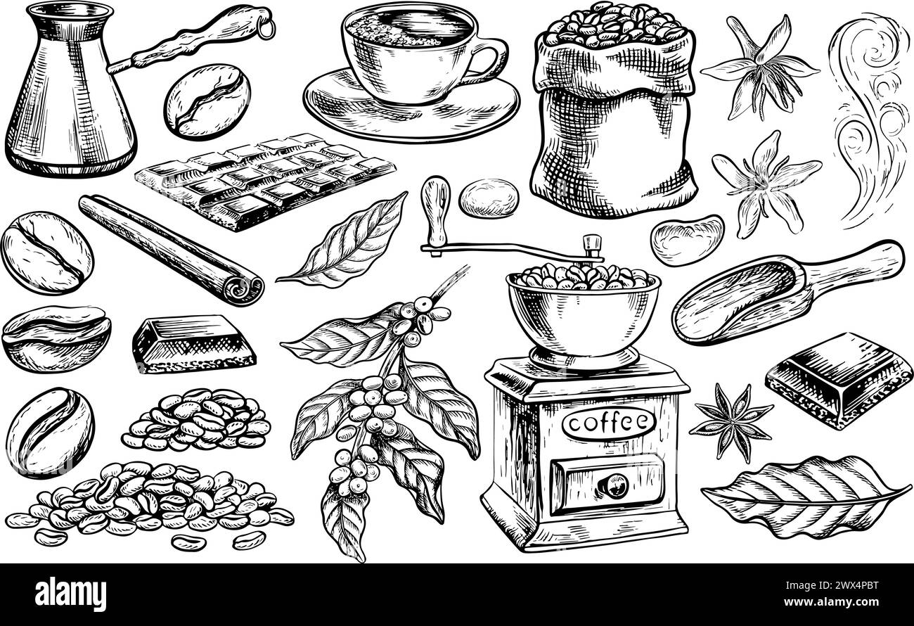 Macinacaffè, macchina per il caffè, tazza e cereali. Illustrazione grafica vettoriale in bianco e nero disegnata a mano. Per la stampa, i menu, le cartoline e il pa Illustrazione Vettoriale
