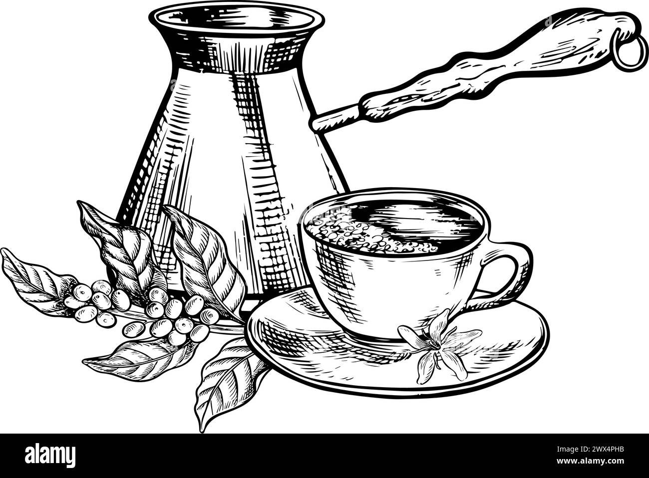 Macchina per il caffè e una tazza di caffè. Illustrazione grafica in bianco e nero vettoriale, disegnata a mano. Su sfondo bianco. Per la stampa, i menu, le cartoline e. Illustrazione Vettoriale