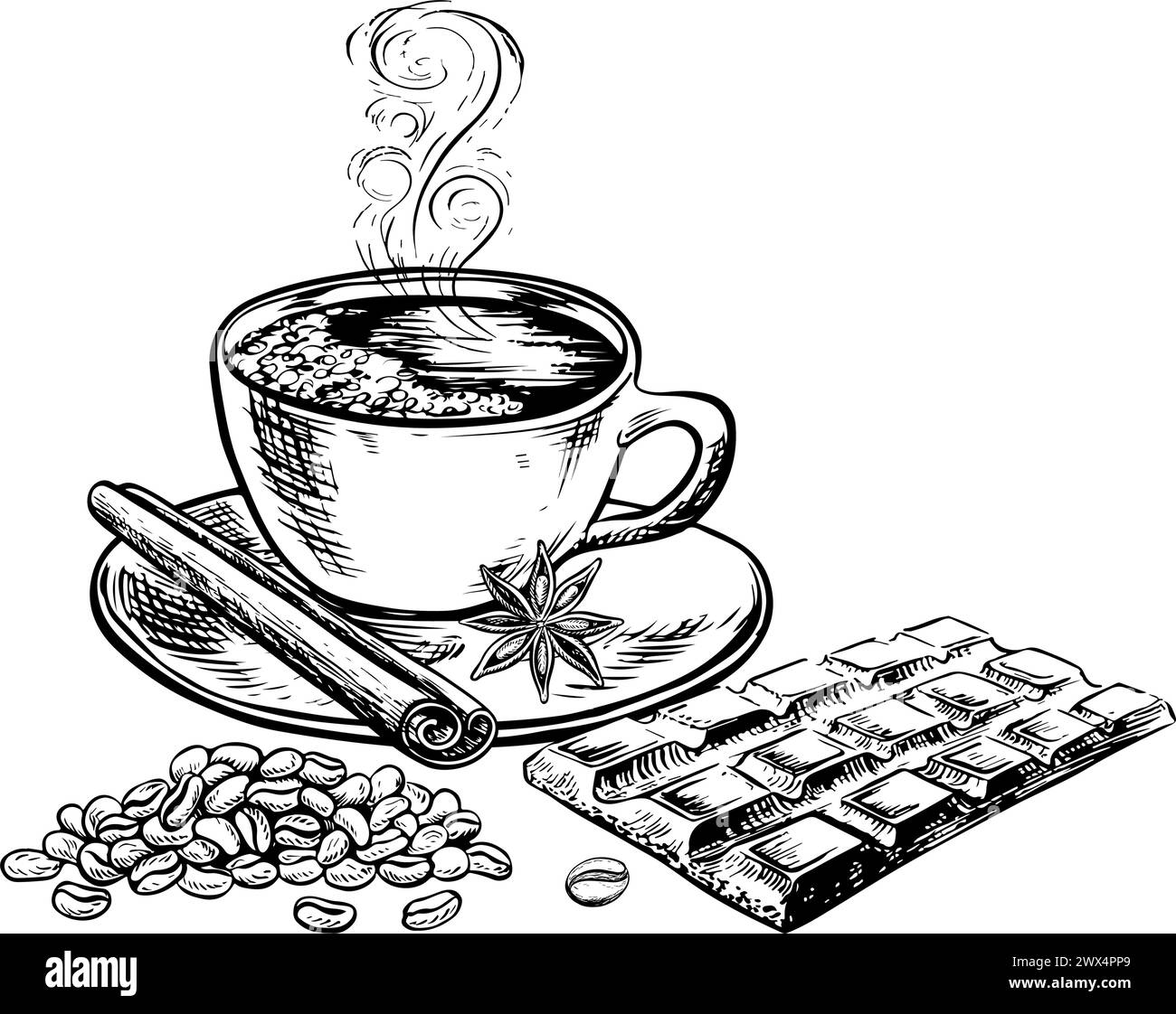 Una tazza di caffè con una barretta di cioccolato con cannella e una stella all'anice. L'illustrazione vettoriale in bianco e nero è disegnata a mano su uno sfondo bianco. Per Illustrazione Vettoriale