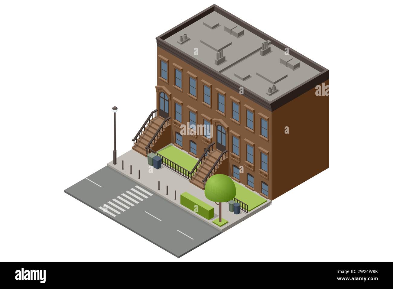 Isometric New York Old Manhattan Houses. Appartamento Brooklyn. Vecchio edificio astratto e facciata. Facciate di case retrò, strade di New York o Old Illustrazione Vettoriale