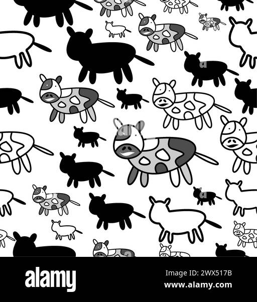 Motivo divertente e senza interruzioni con mucca cartoni animati doodle Illustrazione Vettoriale