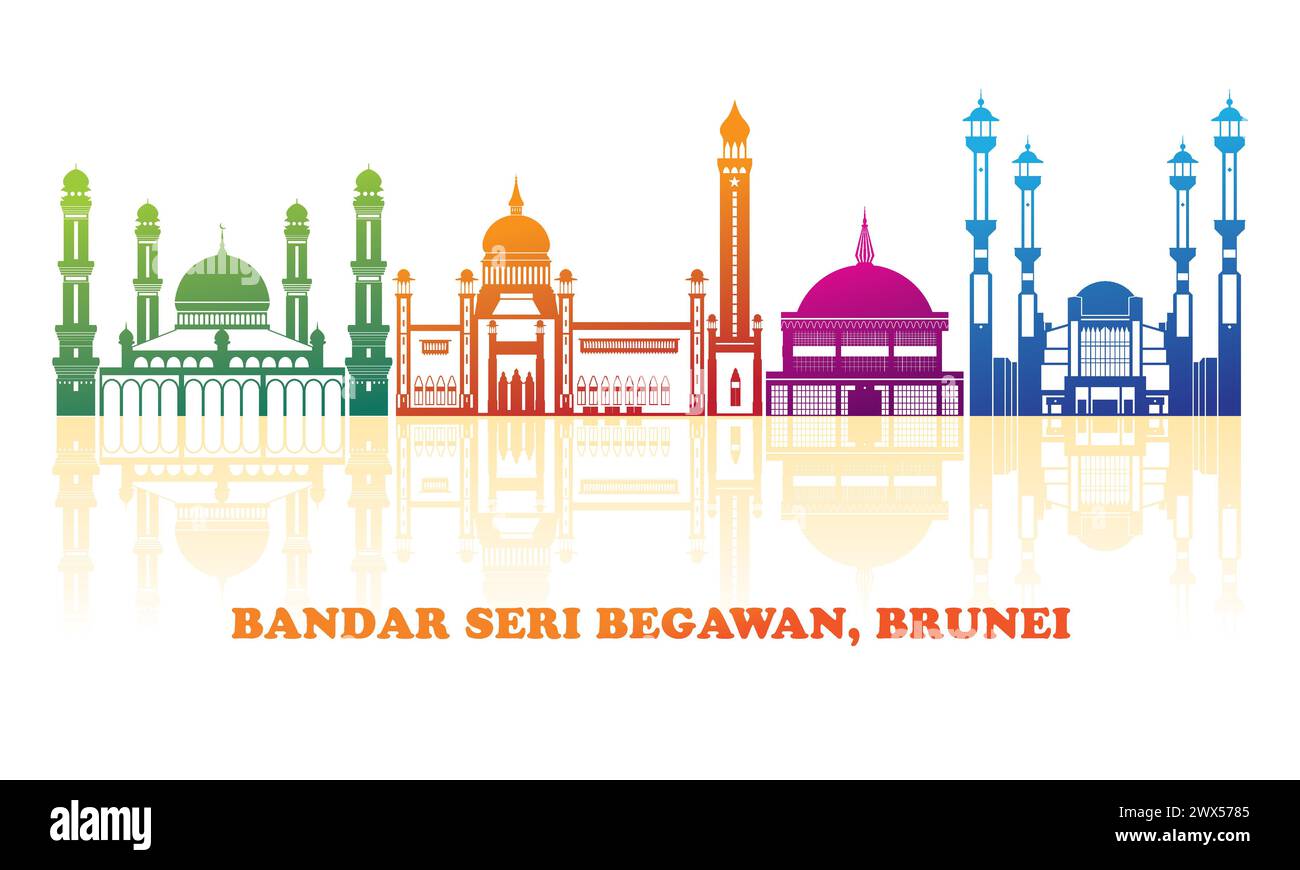 Panorama colorato dello skyline della città di Bandar seri Begawan, Brunei - illustrazione vettoriale Illustrazione Vettoriale