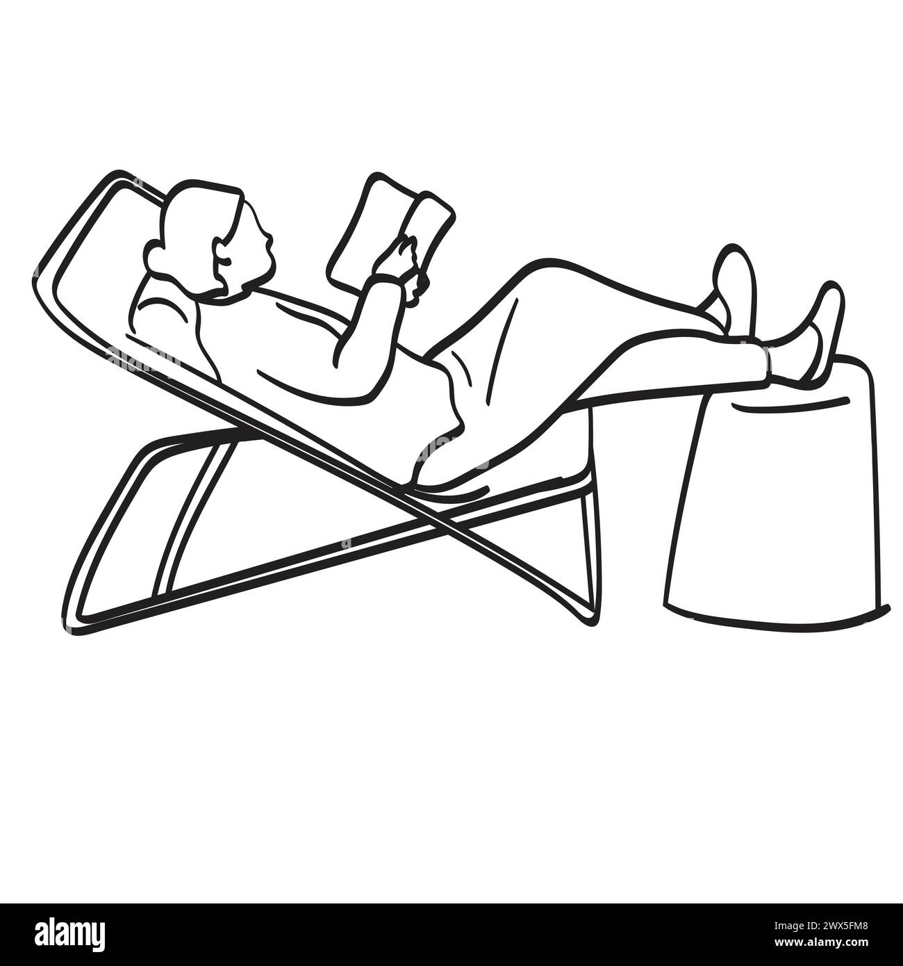 Giovane donna che si rilassa su una sedia a sdraio con un vettoriale di illustrazione del libro disegnato a mano su sfondo bianco Illustrazione Vettoriale