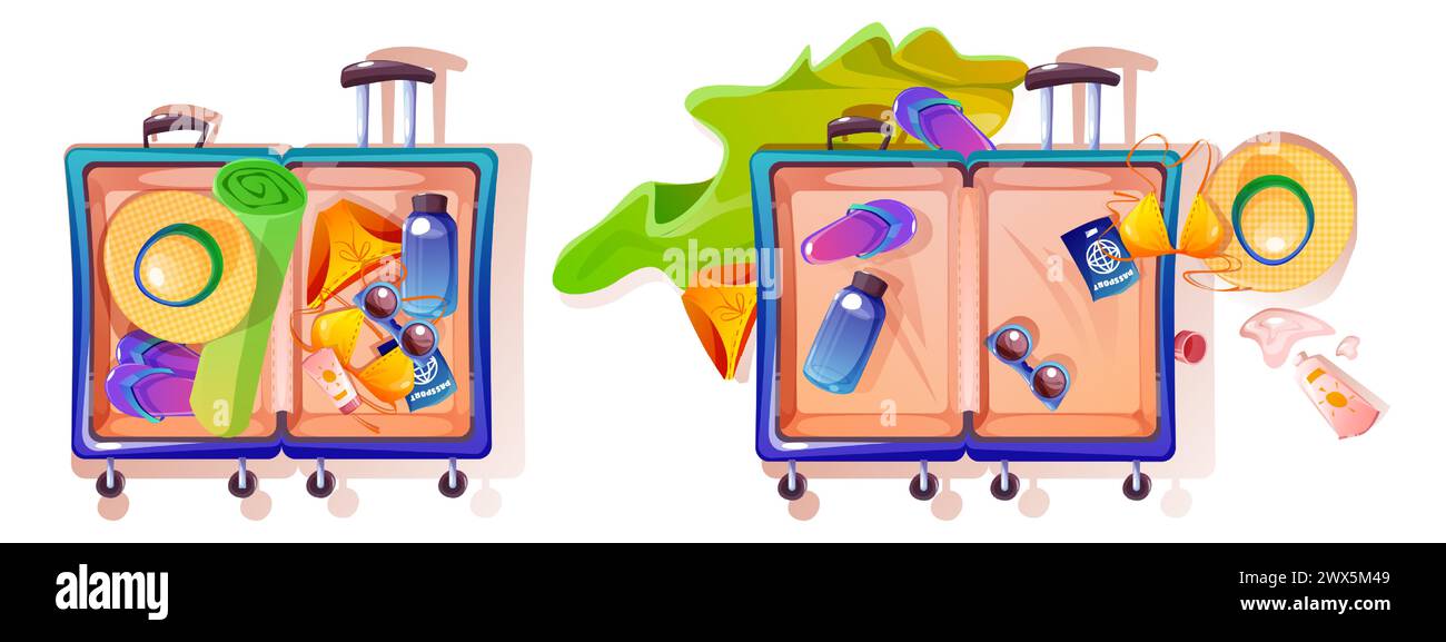 Aperta valigia estiva vista dall'alto isolata su sfondo bianco. Illustrazione di cartoni animati vettoriali di bagagli imballati in ordine e in disordine, costume da bagno bikini, cappello di paglia, passaporto, crema solare, sandali da spiaggia Illustrazione Vettoriale