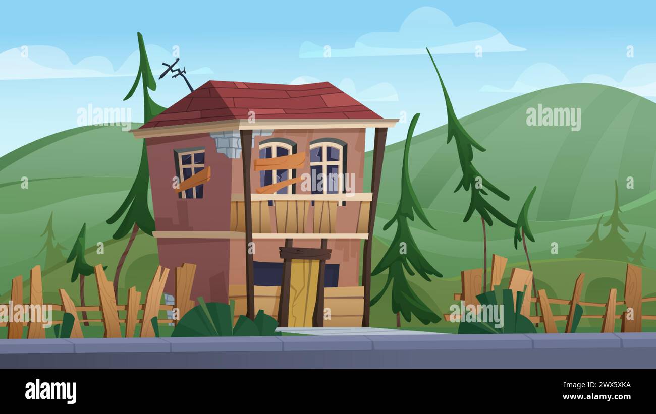Vecchia casa abbandonata rotta con recinzione danneggiata sullo sfondo con verdi colline. Edificio fatiscente del vettore cartoni animati con finestre incrinate abbordate Illustrazione Vettoriale