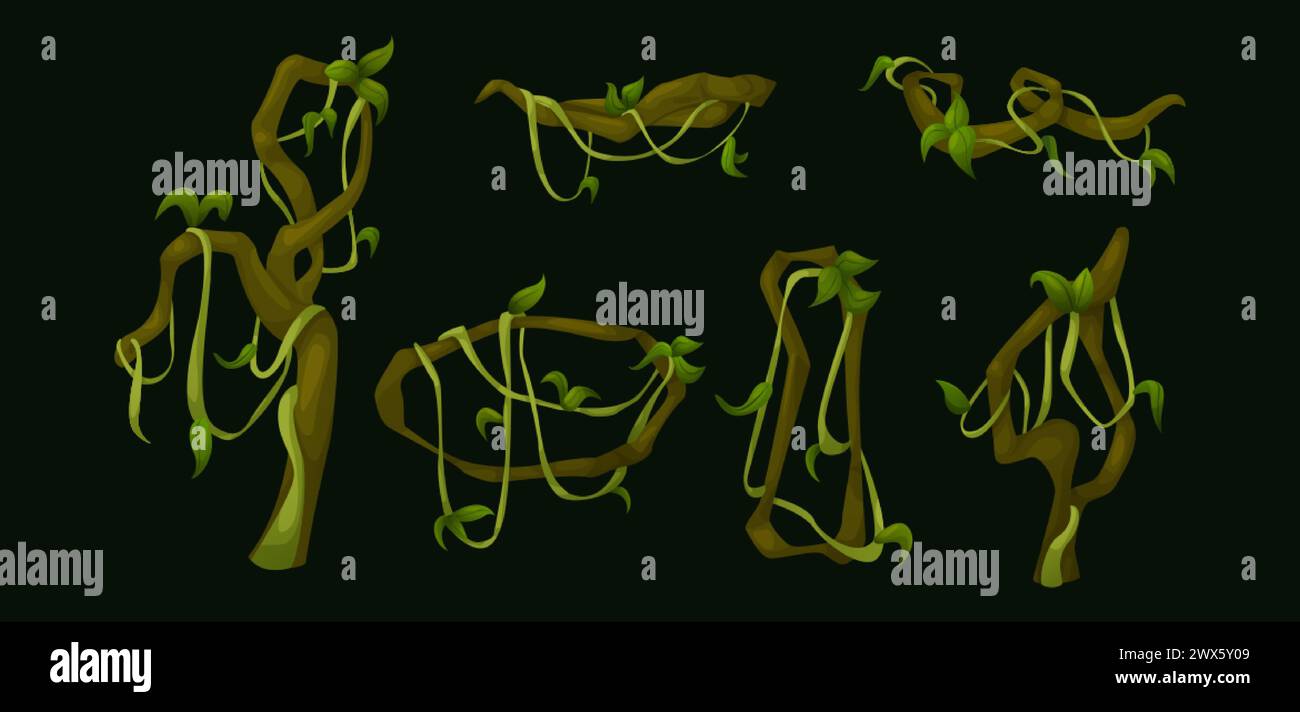Vigne della giungla liana con foglie verdi. Collezione di illustrazioni vettoriali cartoon di rami striscianti della foresta pluviale con fogliame. Piano di arrampicata Long ivy Illustrazione Vettoriale