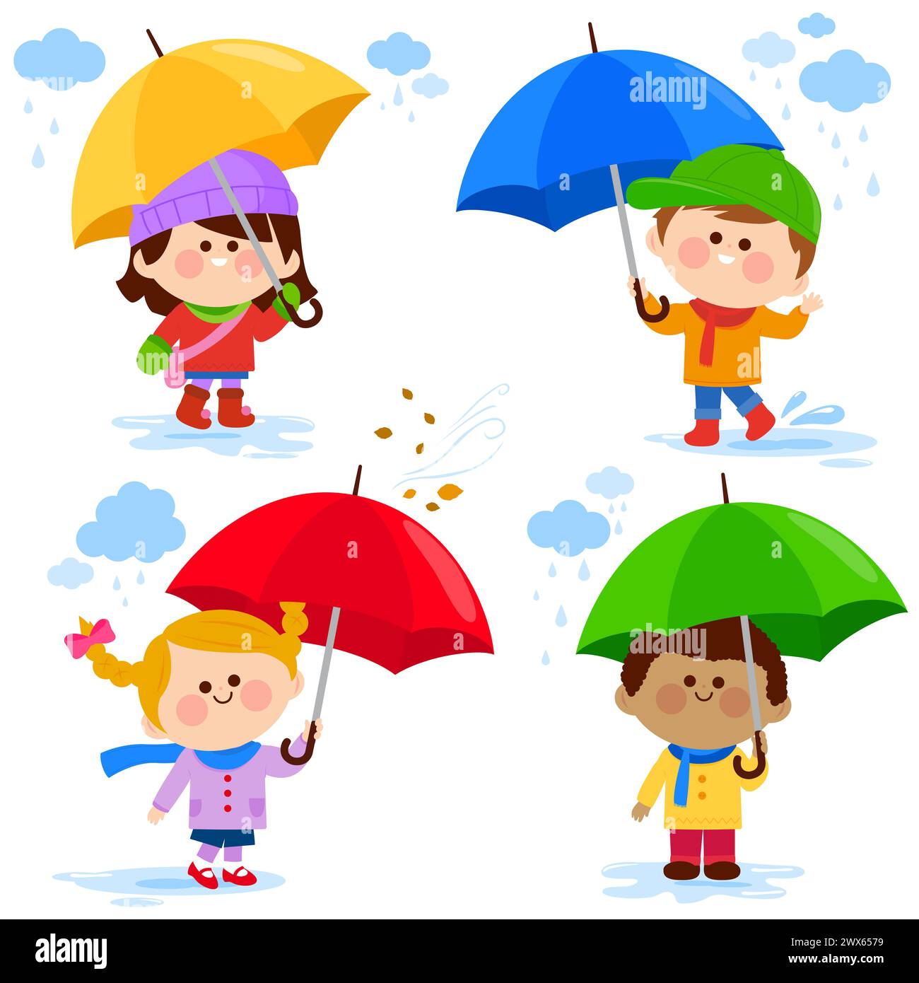 I bambini dei giorni piovosi, i ragazzi e le ragazze giocano in acqua. Bambini sotto gli ombrelli sotto la pioggia. Foto Stock