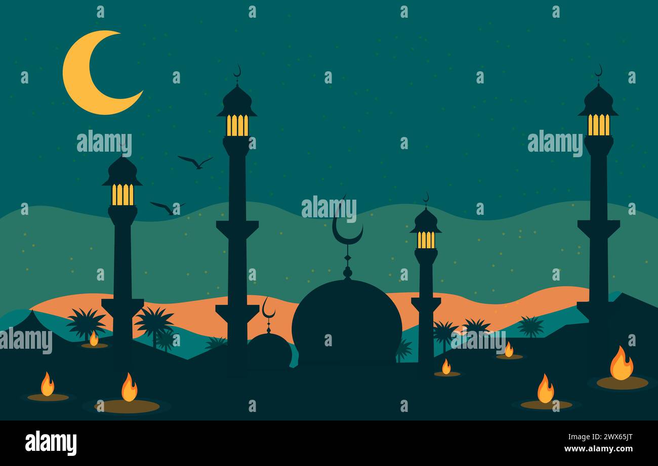 Tessera per il Festival della Moschea Islamica Eid al Fitr nel cielo notturno Illustrazione Vettoriale