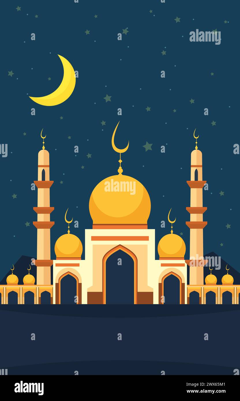 Tessera per il Festival della Moschea Islamica Eid al Fitr nel cielo notturno Illustrazione Vettoriale
