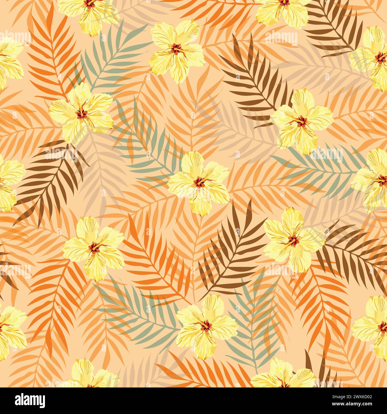 Seamless pattern tropicale con giallo Giamaica fiori e foglie. Illustrazione Vettoriale