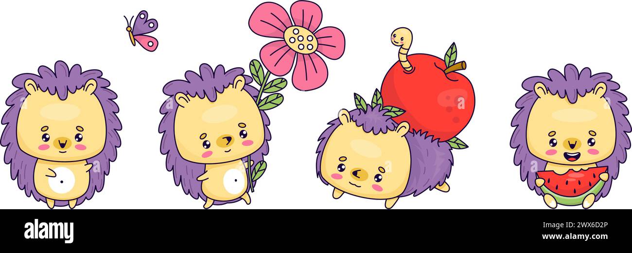 Carino set di ricci cartoni animati. Divertente animale con fiore e anguria, mela e farfalla. Caratteri kawaii isolati dal vettore. Collezione bambini Illustrazione Vettoriale