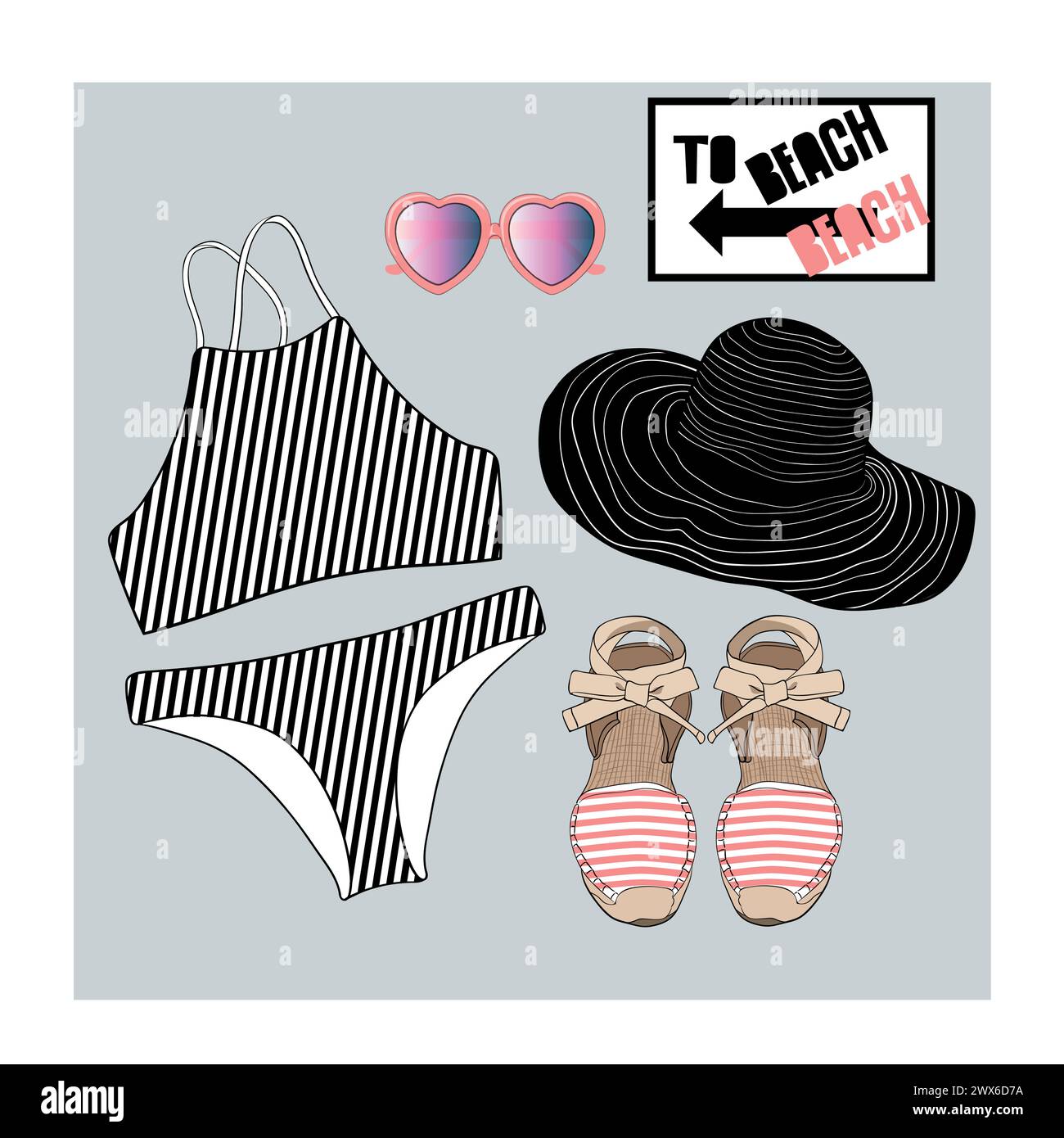 Zona bikini con strisce in bianco e nero vettoriale di illustrazioni di moda disegnate a mano. Una collezione di outfit estivi con accessori Illustrazione Vettoriale