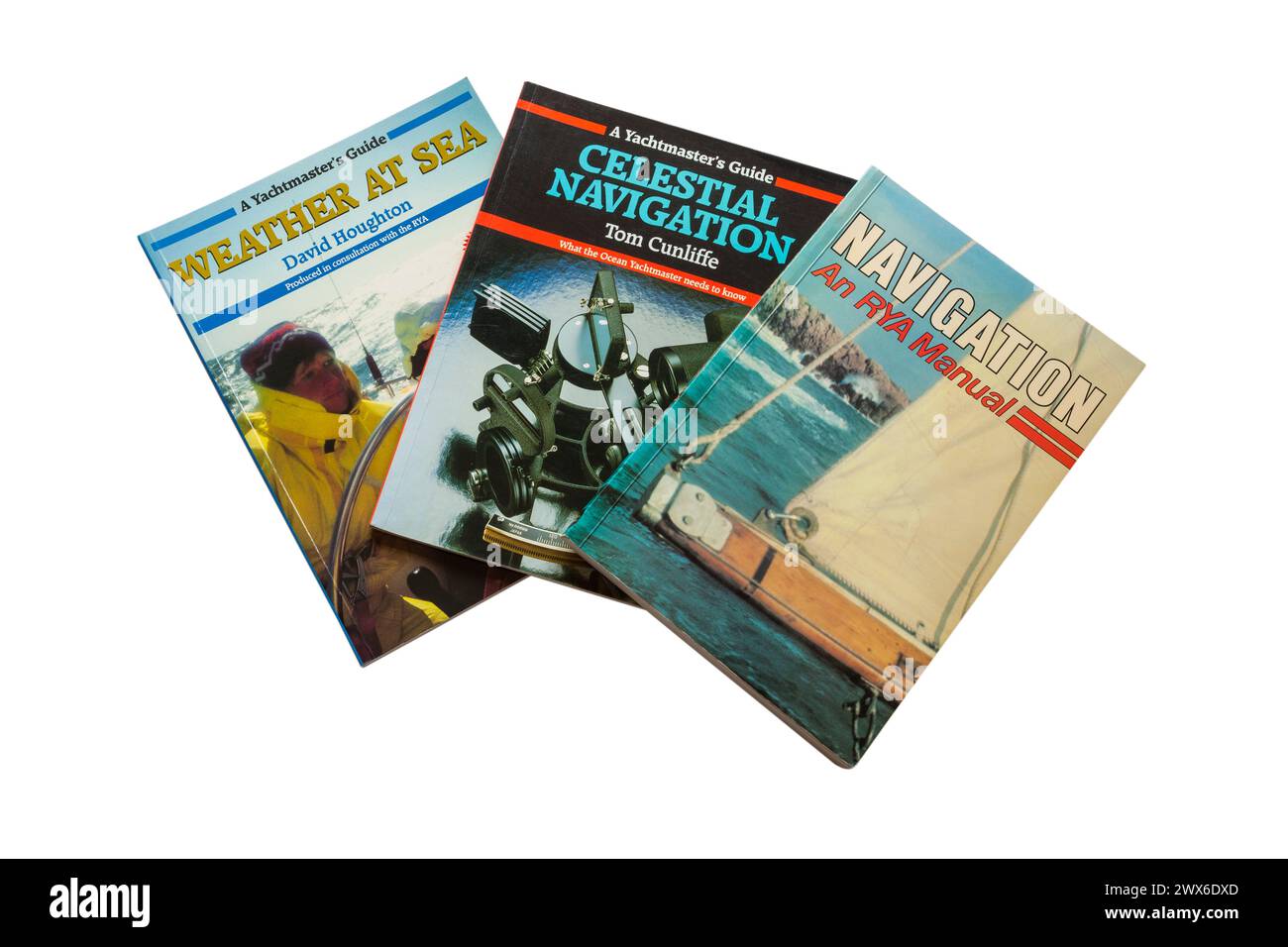 Libri per marinai - una guida di Yachtmaster navigazione celeste, Meteo al mare, navigazione isolata su sfondo bianco Foto Stock